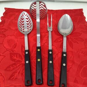 4X Ekco Flint Arrowhead Utensil Set + Vanadium Fork Spoon Mash Black Handle Vtg